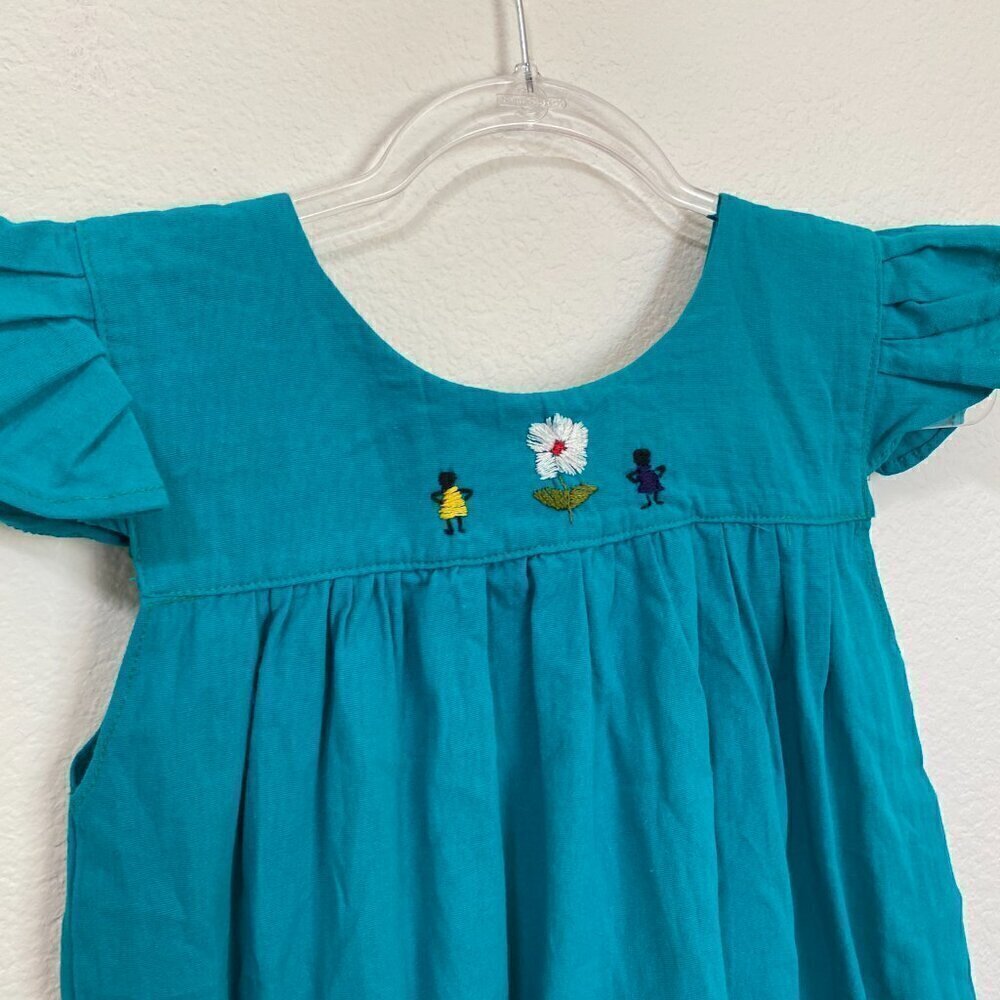 Traditional Oaxaca Mexican Girl's Dress Teal Embroidered - Picture 4 of 5